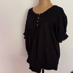 Sundance sz XL Black 100% cotton ruched puff sleeve Blouse great condition